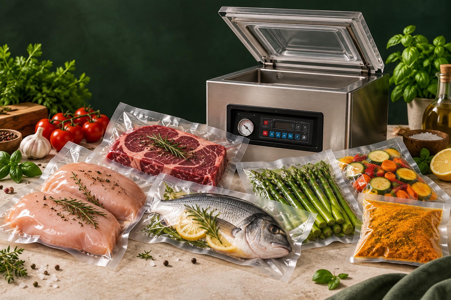 Illustration de produits alimentaires emballés sous vide et d’une machine de conditionnement